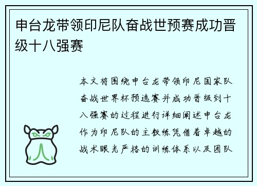 申台龙带领印尼队奋战世预赛成功晋级十八强赛